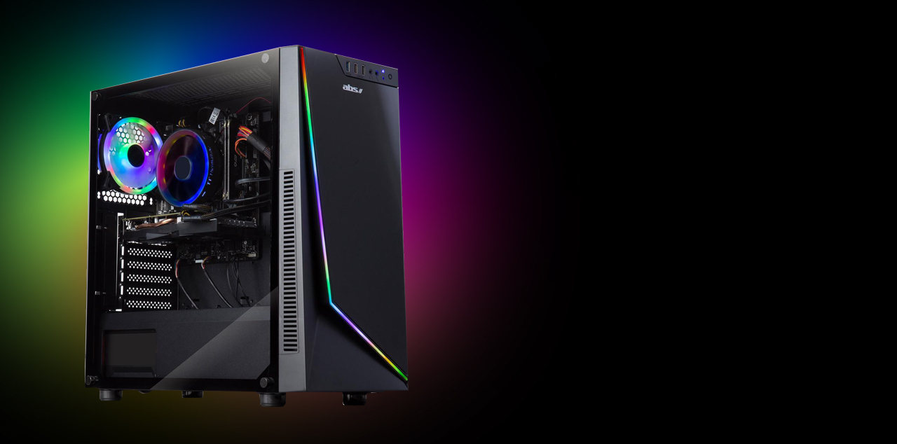 An ABS Challenger Gaming PC tilted to the right is illuminating ARGB light.